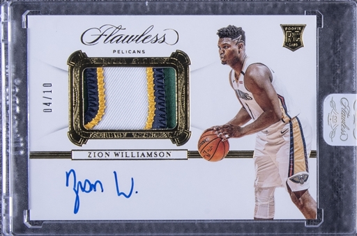 2019-20 Panini Flawless Signature Prime Materials Gold #SP-ZWL Zion Williamson Signed Patch Rookie Card (#04/10) – (Panini Sealed)

